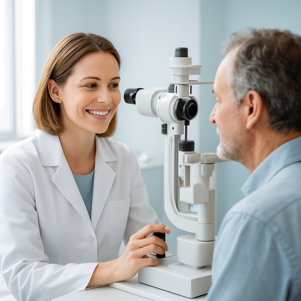 Médica oftalmologista atendendo um paciente na Clínica Visão Plena